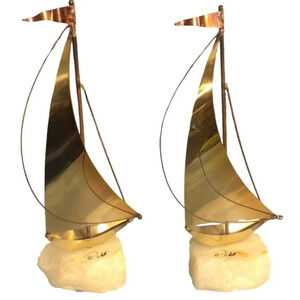 Vintage DEMOTT Brass Sailboat 9" Tall Sculpture Stone MCM Mid-Century Signed
